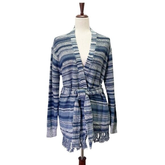NWT Lauren Ralph Lauren Blue Striped Belted Linen-Cotton Cardigan Size Medium - Picture 2 of 15